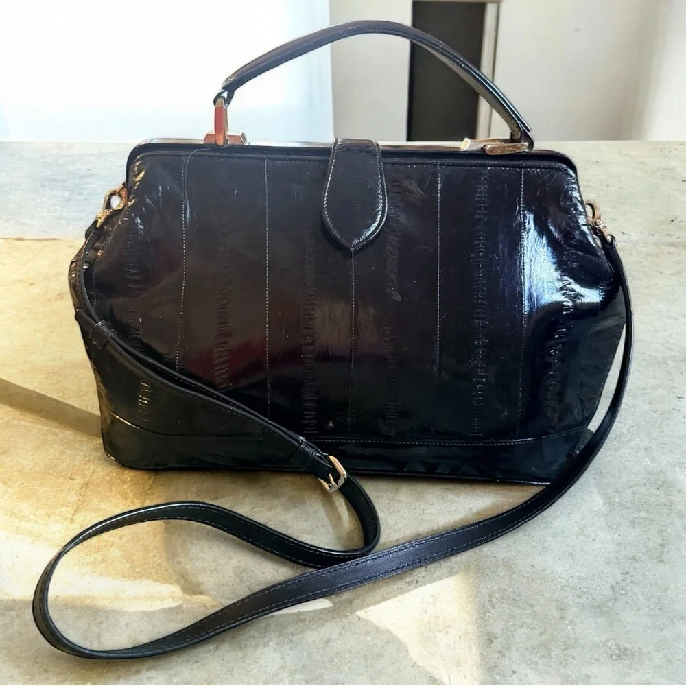 Sunsea Vintage Black Eel Skin Top Handle Crossbody 90s Structured Frame Bag